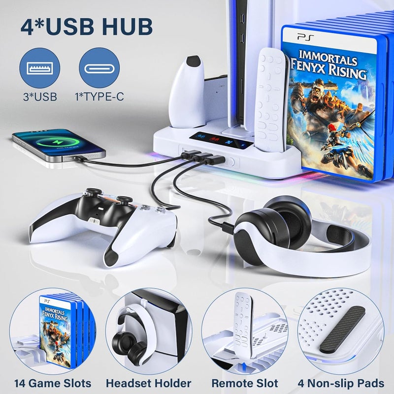 URXTRAL PS5/PS5 Slim Cooling Station, PS 5 Stand with Controller Charger for Playstation 5 Disc Console& Digital Console, for Playstation 5 Cooling Fan Accessories, LED,USB Hubs,Headset Holder,Games Slot - Image 4